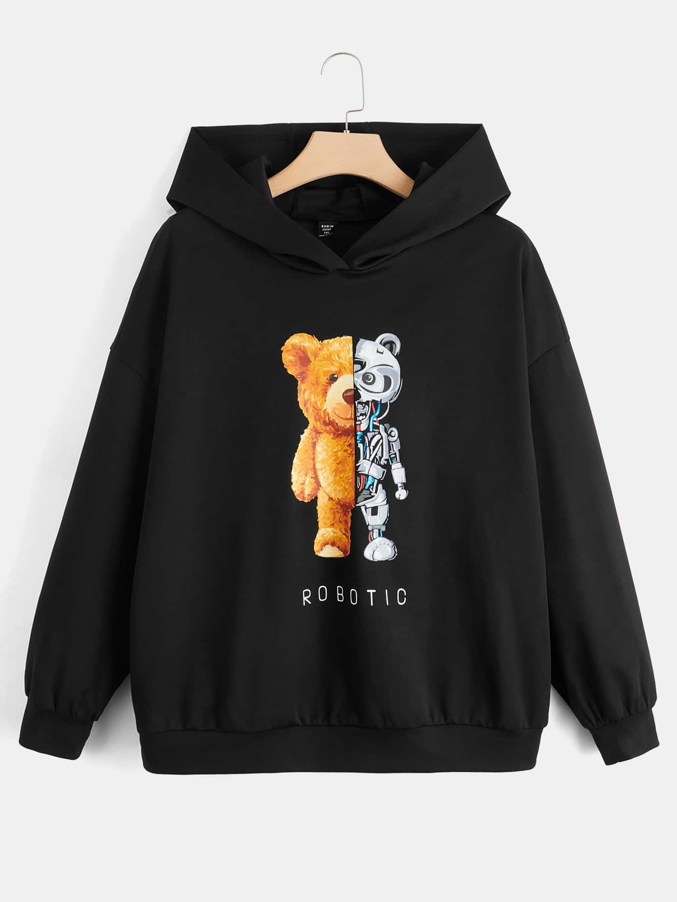 SHEIN EZwear Plus Size Bear And Letter Graphic Drop Shoulder Sweatshirt - Black - View 1