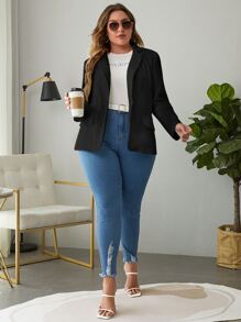 SHEIN Essnce Áo vest Plus size Nút Túi màu trơn Giải trí - màu đen - Xem 5