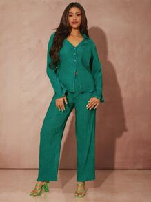 SHEIN BAE Set Top con botón delantero ribete en forma de lechuga & Pantalones de pierna ancha - Verde - Ver 3