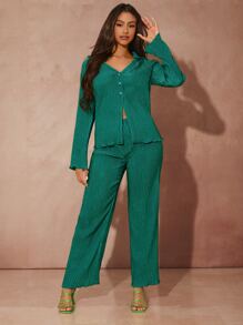 SHEIN BAE Set Top con botón delantero ribete en forma de lechuga & Pantalones de pierna ancha - Verde - Ver 4