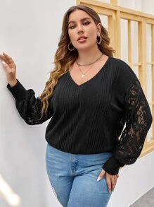 SHEIN LUNE Plus Contrast Lace Drop Shoulder Sweatshirt - Black - View 5