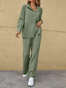 SHEIN Frenchy Solid Button Up Shirt & Trousers - Mint Green - View 3