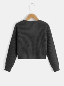 SHEIN Áo len bé gái Nút phía trước màu trơn Giải trí - màu đen - Xem 2