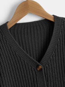 SHEIN Áo len bé gái Nút phía trước màu trơn Giải trí - màu đen - Xem 3