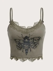 ROMWE Goth Butterfly Skull Print Contrast Lace Cami Top - Army Green - View 1