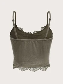 ROMWE Goth Butterfly Skull Print Contrast Lace Cami Top - Army Green - View 2