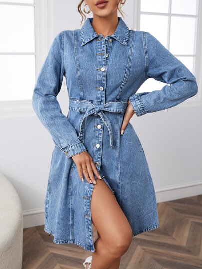 ボタンフロント ウエストベルト デニム ドレス ボタンフロント ベルト デニムドレス | SHEIN JAPAN
