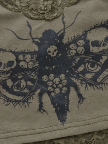 ROMWE Goth Butterfly Skull Print Contrast Lace Cami Top - Army Green - View 3