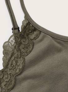 ROMWE Goth Butterfly Skull Print Contrast Lace Cami Top - Army Green - View 4