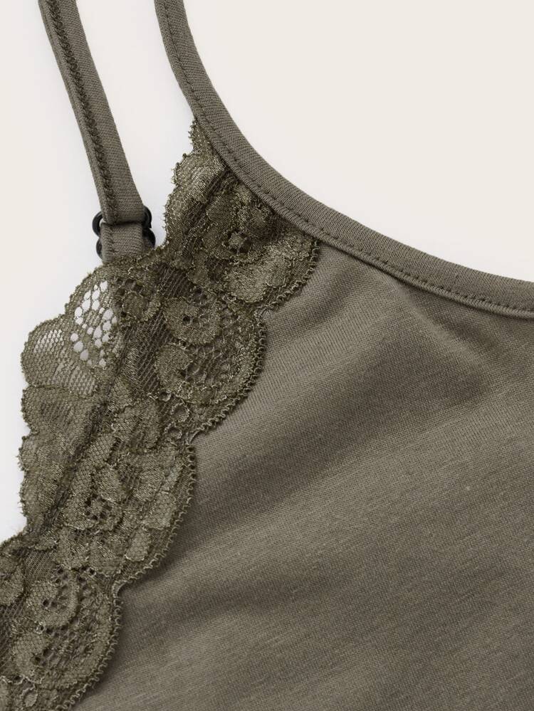 ROMWE Goth 蝴蝶骷髅頭圖案蕾絲拼接吊帶上衣 - 軍綠色 - 查看 4