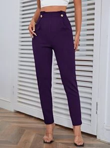 SHEIN Privé Quần nữ Nút Uốn nếp màu trơn Thanh lịch - Màu tím - Xem 1