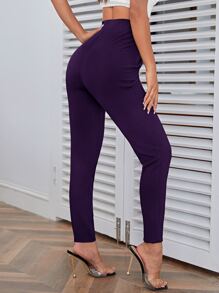 SHEIN Privé Quần nữ Nút Uốn nếp màu trơn Thanh lịch - Màu tím - Xem 2