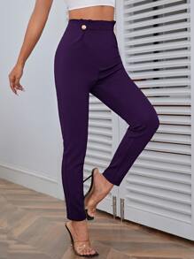 SHEIN Privé Quần nữ Nút Uốn nếp màu trơn Thanh lịch - Màu tím - Xem 3