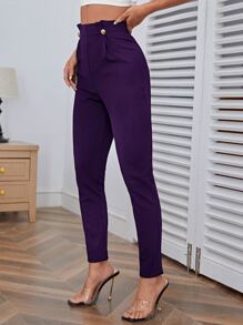 SHEIN Privé Quần nữ Nút Uốn nếp màu trơn Thanh lịch - Màu tím - Xem 5
