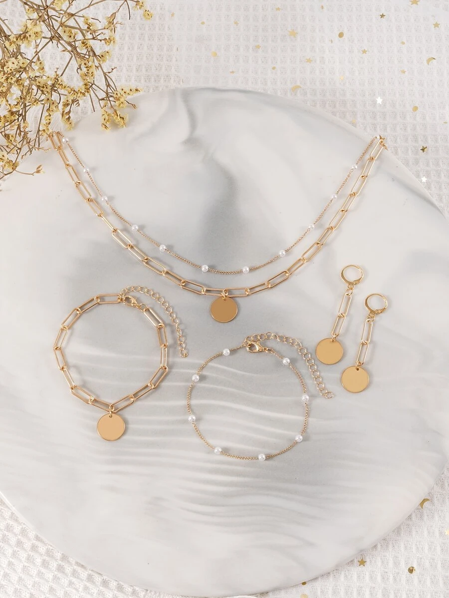 5pcs Disc Decor Jewelry Set - Yellow Gold - View 1