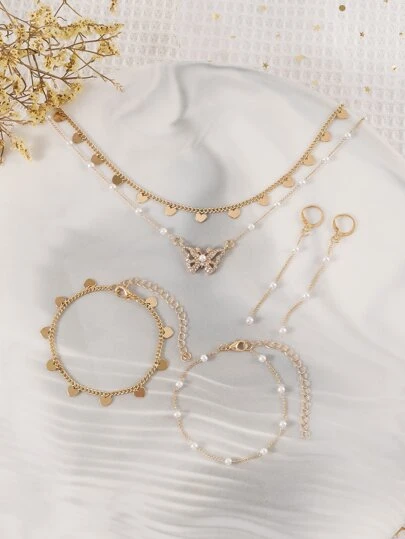 5入組假珍珠和鑽石蝴蝶飾品套裝