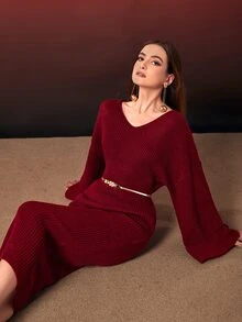 Modelyn Drop Shoulder Jumper Dress Without Belt - Burgundy - View 4