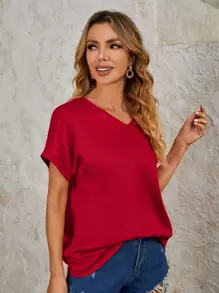 SHEIN VCAY 蝙蝠袖V領襯衫 - 紅色 - 查看 5