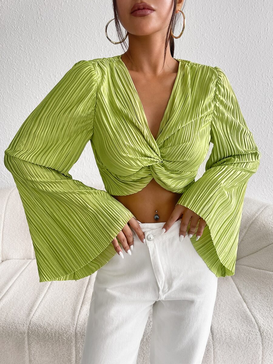 SHEIN Privé Twist Front Flounce Sleeve Plisse Crop Top - Lime Green - View 1