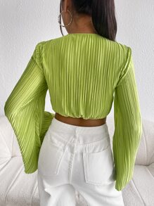 SHEIN Privé Twist Front Flounce Sleeve Plisse Crop Top - Lime Green - View 2