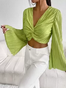SHEIN Privé Twist Front Flounce Sleeve Plisse Crop Top - Lime Green - View 3