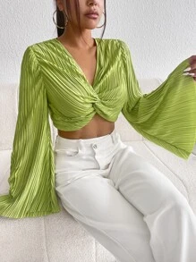 SHEIN Privé Twist Front Flounce Sleeve Plisse Crop Top - Lime Green - View 4
