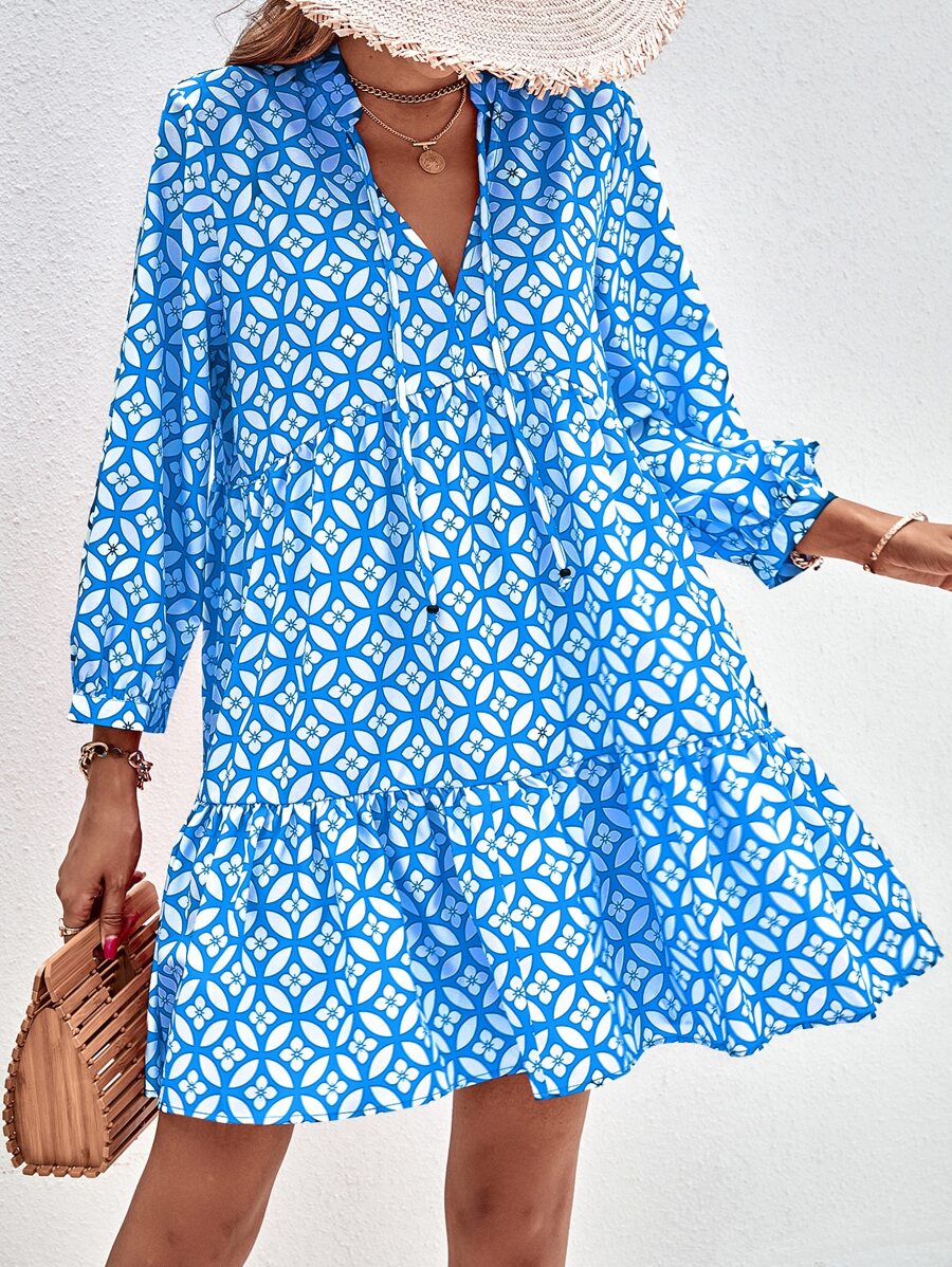 GENKIRA Floral Print Tie Neck Smock Dress - Blue - View 1