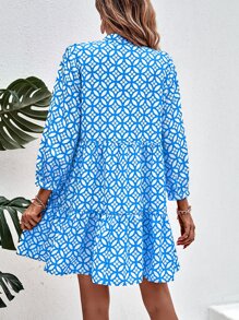 GENKIRA Floral Print Tie Neck Smock Dress - Blue - View 2