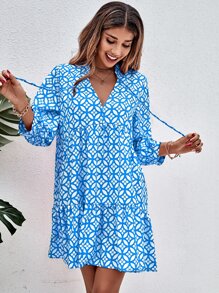 GENKIRA Floral Print Tie Neck Smock Dress - Blue - View 3