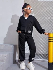 SHEIN Bộ hai mảnh Gái Đắp vá Túi Dây kéo Slogan Giải trí - màu đen - Xem 4