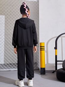 SHEIN Bộ hai mảnh Gái Đắp vá Túi Dây kéo Slogan Giải trí - màu đen - Xem 2