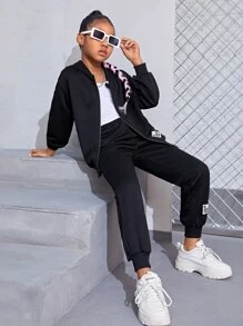 SHEIN Bộ hai mảnh Gái Đắp vá Túi Dây kéo Slogan Giải trí - màu đen - Xem 3