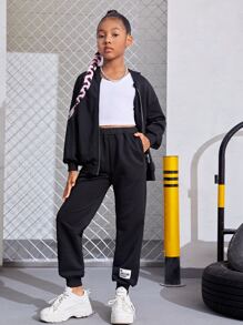 SHEIN Bộ hai mảnh Gái Đắp vá Túi Dây kéo Slogan Giải trí - màu đen - Xem 5