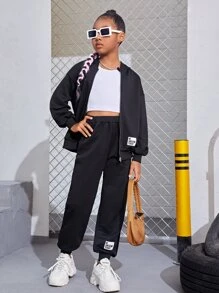 SHEIN Bộ hai mảnh Gái Đắp vá Túi Dây kéo Slogan Giải trí - màu đen - Xem 1