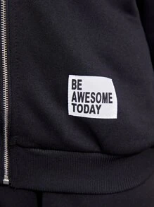 SHEIN Bộ hai mảnh Gái Đắp vá Túi Dây kéo Slogan Giải trí - màu đen - Xem 6