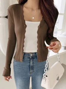 DAZY Áo len đan có gân viền sò điệp - Cà phê nâu - Xem 1