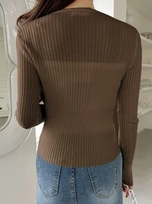 DAZY Áo len đan có gân viền sò điệp - Cà phê nâu - Xem 2