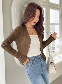 DAZY Áo len đan có gân viền sò điệp - Cà phê nâu - Xem 3