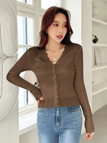 DAZY Áo len đan có gân viền sò điệp - Cà phê nâu - Xem 4