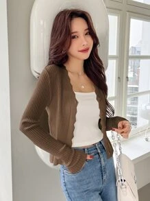 DAZY Áo len đan có gân viền sò điệp - Cà phê nâu - Xem 5