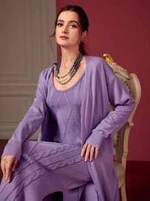 Modelyn Slit Hem Cable Knit Jumper Dress & Duster Cardigan Without Belt - Purple - View 5