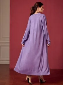 Modelyn Slit Hem Cable Knit Jumper Dress & Duster Cardigan Without Belt - Purple - View 3