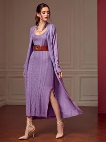 Modelyn Slit Hem Cable Knit Jumper Dress & Duster Cardigan Without Belt - Purple - View 1
