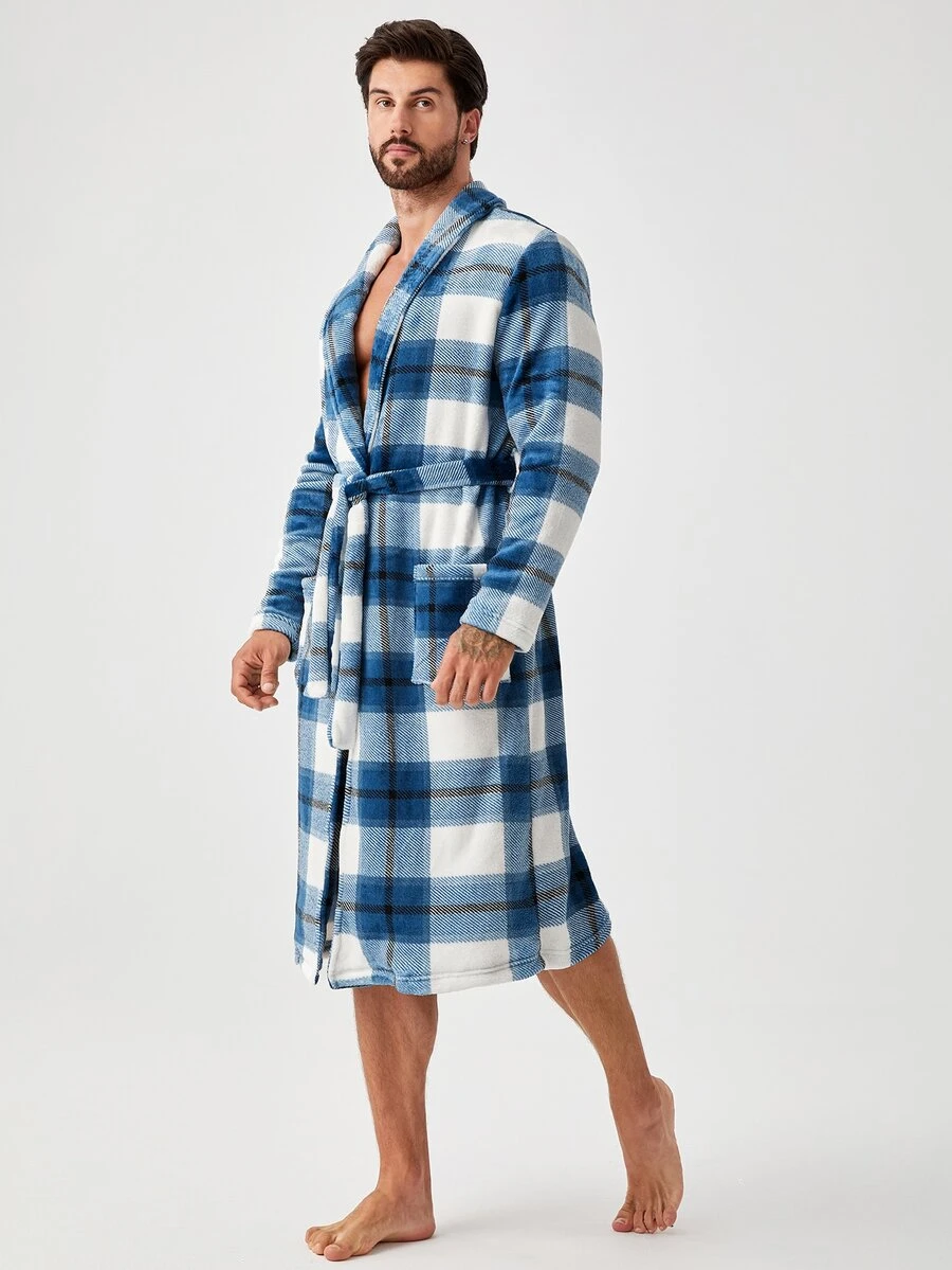 Hombres Bata con cinturón de cuadros con parche de bolsillo - Azul y blanco - Ver 1