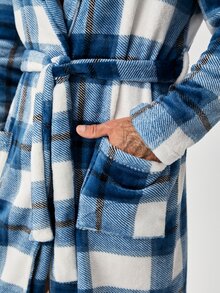 Hombres Bata con cinturón de cuadros con parche de bolsillo - Azul y blanco - Ver 3