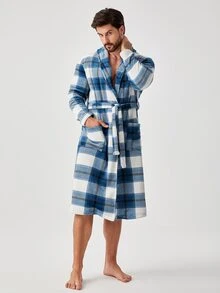 Hombres Bata con cinturón de cuadros con parche de bolsillo - Azul y blanco - Ver 4