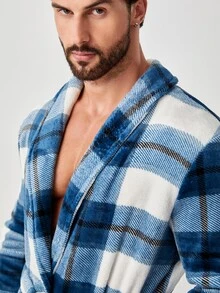 Hombres Bata con cinturón de cuadros con parche de bolsillo - Azul y blanco - Ver 5