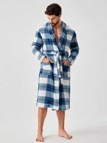 Hombres Bata con cinturón de cuadros con parche de bolsillo - Azul y blanco - Ver 6