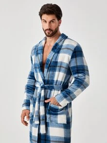 Hombres Bata con cinturón de cuadros con parche de bolsillo - Azul y blanco - Ver 7