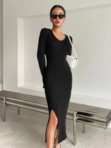 DAZY Vestido De Suéter De Punto Acanalado Con Abertura En El Muslo - Negro - Ver 3